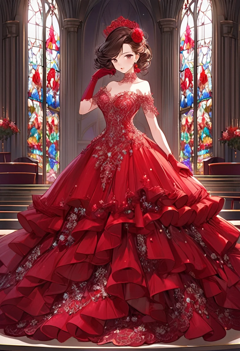 {worst quality, low-quality}, masutepiece, Best Quality, ultra-detailliert, masterpiece, red dress, full-length ball gown, (A stunning red full-length ball gown dress:1.2), featuring a sweetheart neckline and a fitted bodice adorned with delicate red lace embroidery and shimmering sequins, The dress has a dramatic, voluminous skirt with layers of tulle and satin, (strapless, cascading into elegant ruffles and intricate floral lace patterns at ultra long skirt hem:1.2), Accessories include matching red gloves and a red flower in the hair, complementing the overall regal and elegant appearance, (red high heels:0.3), complementing the overall regal and elegant appearance):1.2), Beautiful chapel background with stained glass,