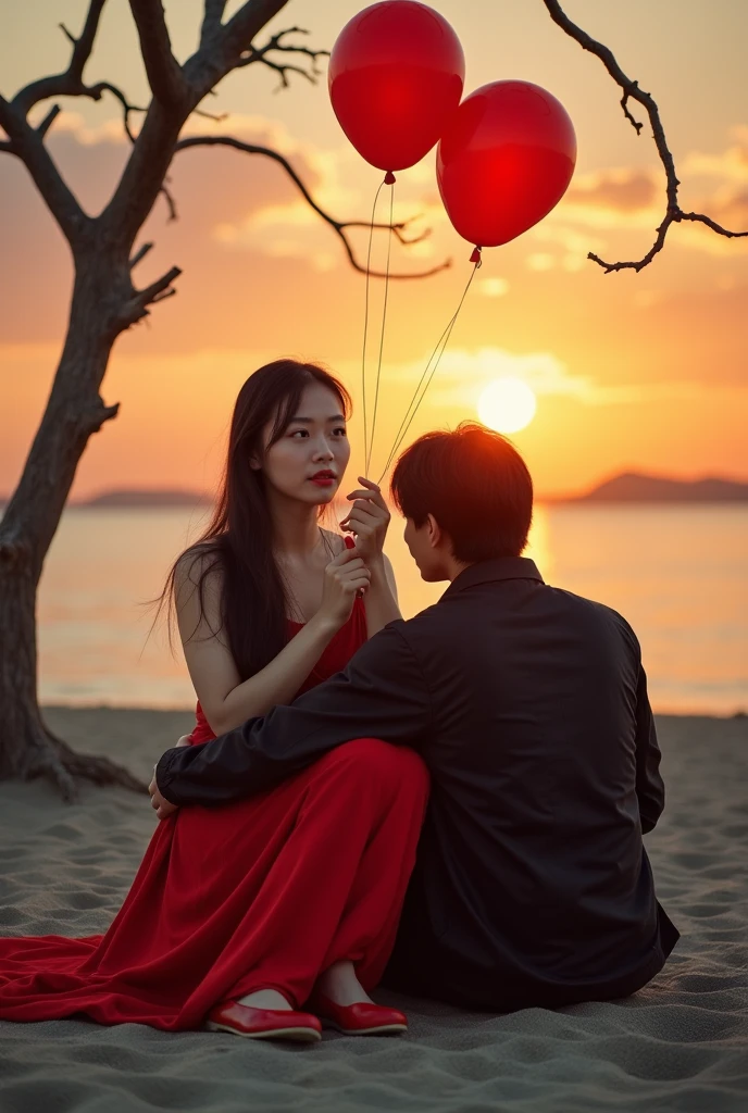 Full body, cinematic portrait of an Asian woman with long hair, dressed in a long red dress, wearing red shoes, sitting with a man with shoulder length black hair, wearing a black jacket on the beach a dry tree with a beach background, Asian woman is not beautiful, atmospheric portrait , sitting in the dry wood trees, playing whit bubble balloons and blowing in the wind, behind you can be the beauty, sunset background, looking to the side, focused gaze looking at the camera. Full hd 38k portrait