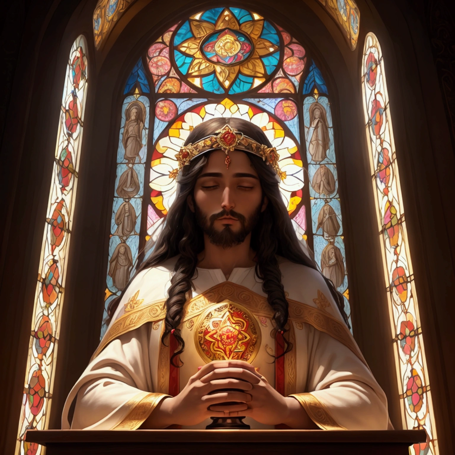 Jesus Christ, depicted in the traditional Byzantium art style, sits enthroned amidst a resplendent backdrop of intricately designed stained glass, bursting with vibrant, kaleidoscopic colors that refract and scatter light, as if emanating from the divine figure itself. Delicate, curved lines and ornate details adorn the stained glass, evoking an atmosphere of reverence and mysticism. Roses, symbolizing divine love and spiritual growth, surround Jesus, their soft, velvety petals unfolding like lotus flowers around the holy figure. Christ's gentle, compassionate face, with its subtle, enigmatic smile, radiates an aura of serenity, his skin a warm, golden brown. The stained glass artwork, a masterpiece of Byzantine craftsmanship, shines with an otherworldly light, as if the very essence of the divine has been infused into the artwork, bathing the composition in an ethereal glow.
