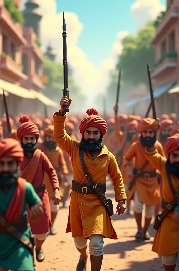In 3d cartoon  style,A detailed scene of the 1857 First War of Independence, with Indian soldiers rebelling against British forces in traditional attire.