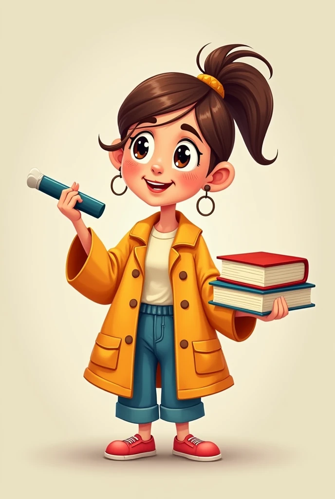 Cartoon of an empanada that is a teacher. The empanada with a traditional crescent shape that looks like a woman with chalk in one hand and books in the other