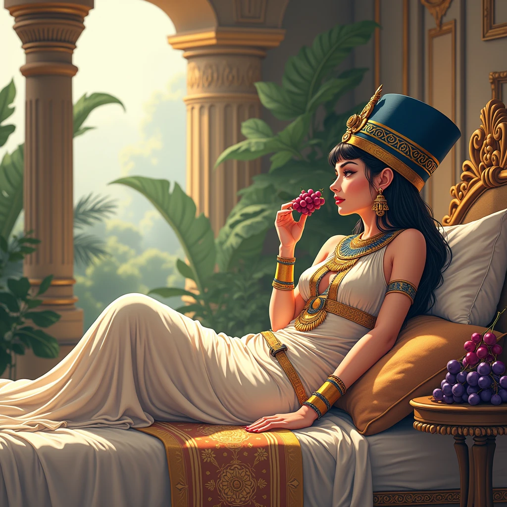 Egyptian queen sitting on her bed relaxing in anime version ... She is eating grapes and fruits.... She is relaxing in her side profile