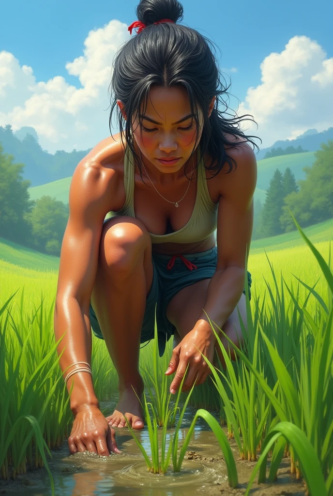 Shirtless woman working in paddy field