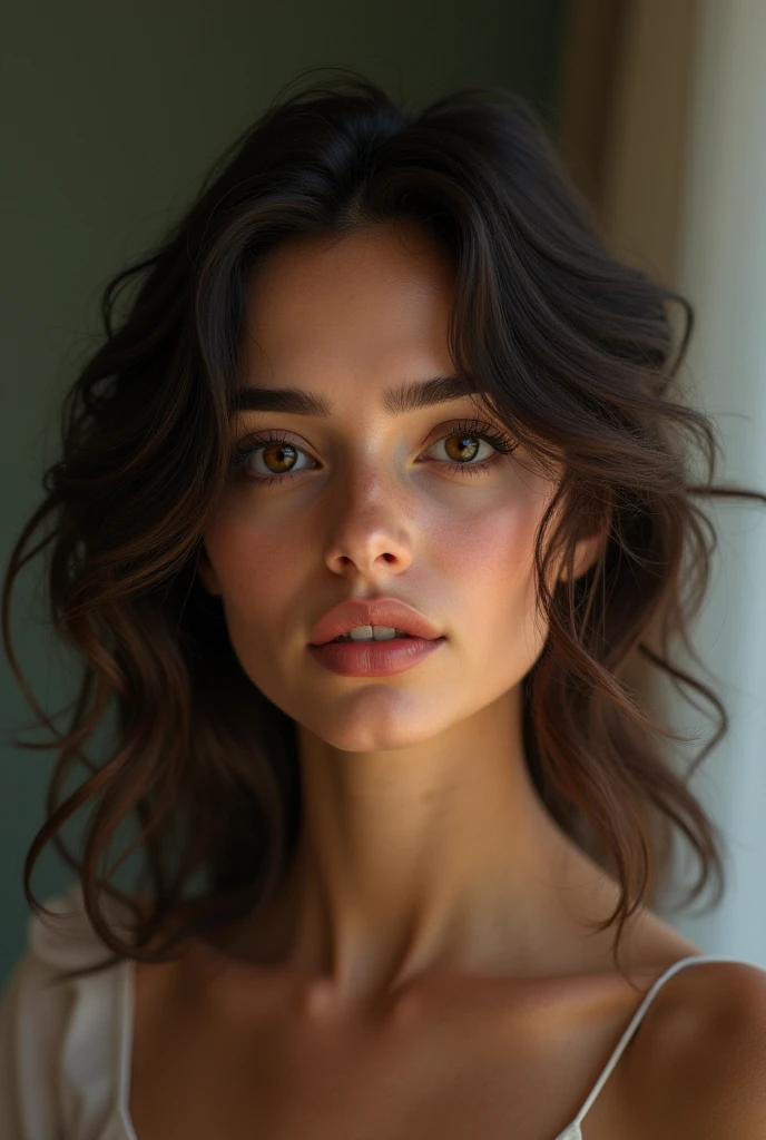 30 year old woman, dark brown curly hair,up to the shoulder,dark brown eyes,Oval face