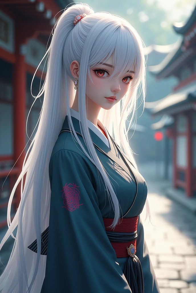 height 1m70, chest 106cm, She was dressed as a shrine maiden miko female gender, has white hair, right eye is white like a diamond, left eye is black like a black hole in the universe, right eye wears an earring The circle shape has a delicate rose shape and she always has a quiet face without smiling