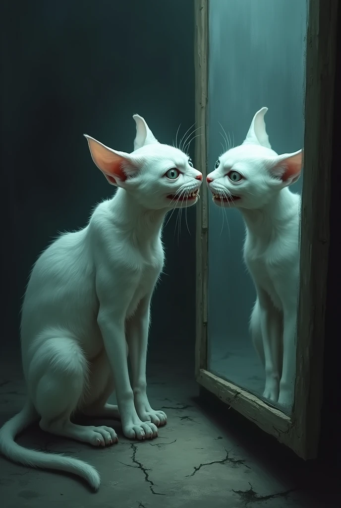 A white zombie cat is looking at itself in a mirror, observing its eerie, zombie-like appearance."






Is this 