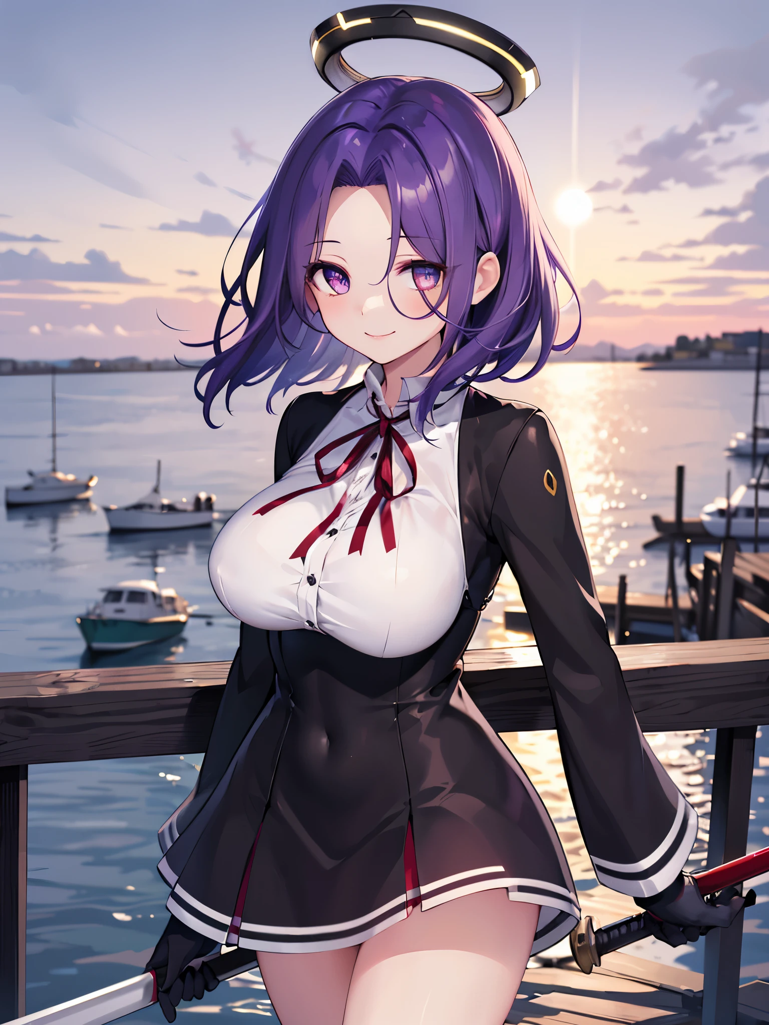 masterpiece, best quality, highres, mechanical halo, (big_breasts:1.2), black dress, neck ribbon, long sleeves, black gloves, outdoors, cowboy shot, standing, holding weapon, polearm,smile,,harbor_town_landscape,purple_halfeyes,(scornful eyes:1.4)