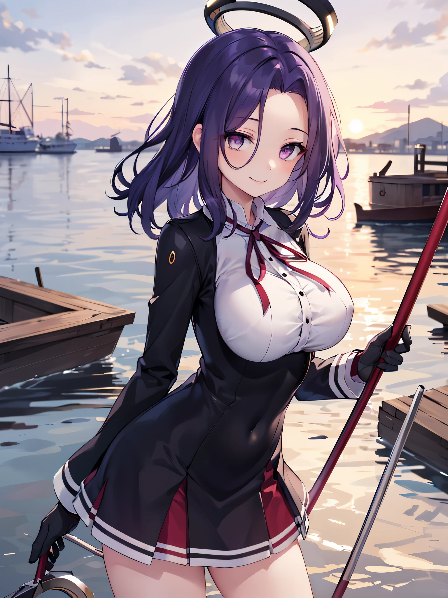 masterpiece, best quality, highres, mechanical halo, (big_breasts:1.2), black dress, neck ribbon, long sleeves, black gloves, outdoors, cowboy shot, standing, holding weapon, polearm,smile,,harbor_town_landscape,purple_halfeyes,(scornful eyes:1.4)