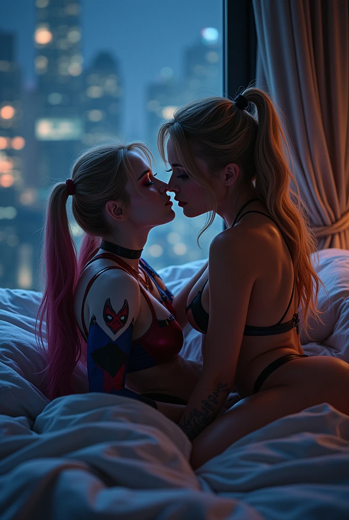 Harley Quinn and Spider Gwen naked in bed watching the night 