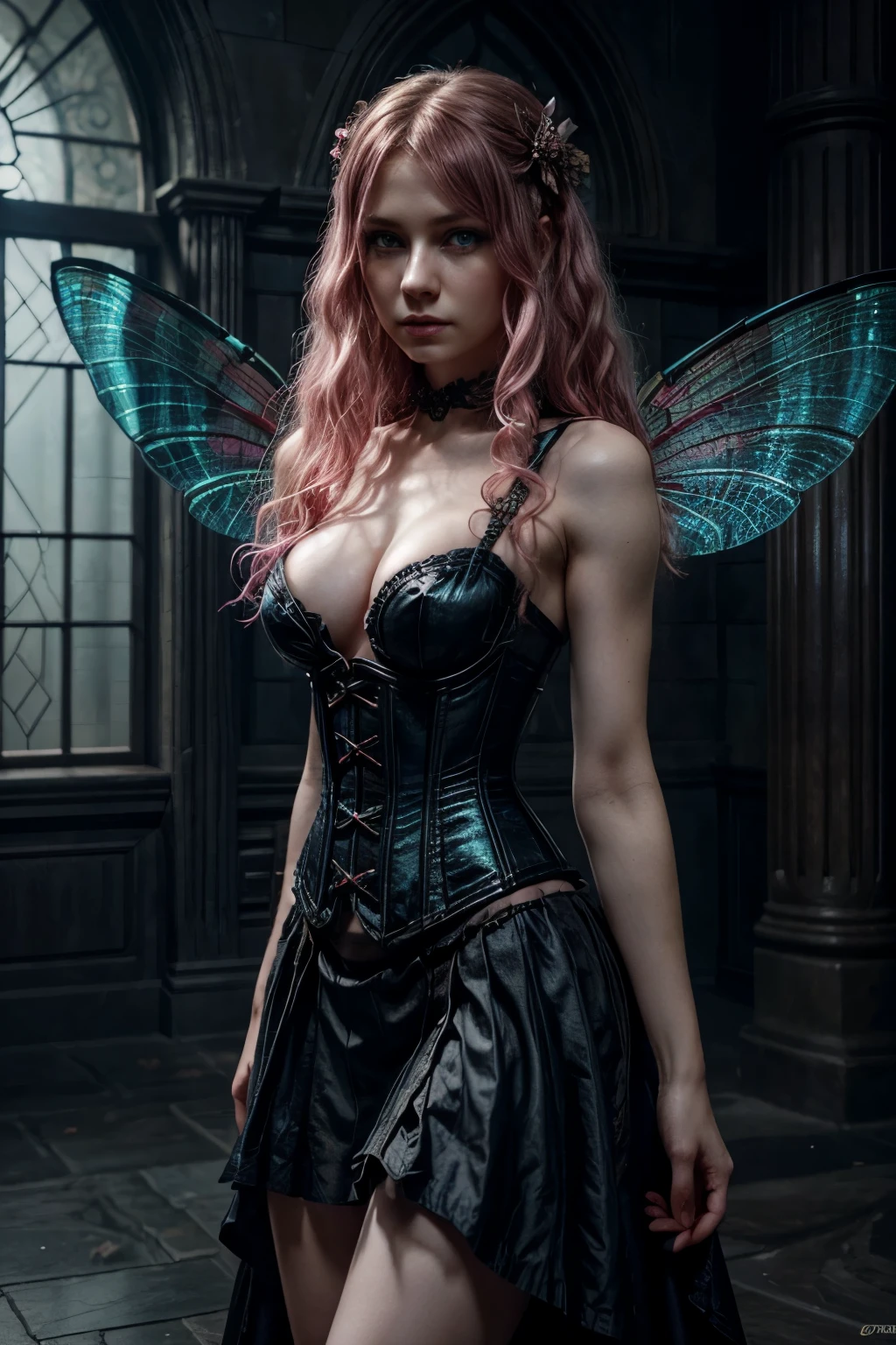 female fairy with curly pink, slightly ashy hair, pale skin color, Blue eyes, An insult, in a black corset with straps and a skirt, dark fantasy character design, epic exquisite character art, dark fantasy art, with the appearance of Freya Allan, dark fairy full view, Amazing character art. Dragonfly wings, knelt down