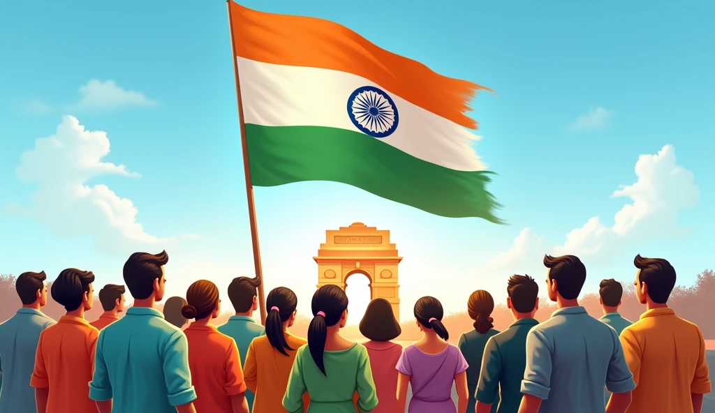 To create a thumbnail for the song "Vande Mataram," here’s a detailed prompt:
"A vibrant and patriotic scene featuring the Indian flag (Tiranga) waving proudly against a clear blue sky. In the foreground, a group of diverse people, including men, women, and children, are shown standing together, looking up at the flag with pride and admiration. The background includes iconic Indian monuments like the India Gate or the Red Fort, adding to the nationalistic theme. The title 'Vande Mataram' is boldly displayed at the top in a traditional, elegant Hindi font with saffron, white, and green colors. The overall atmosphere should be uplifting and celebratory, evoking a strong sense of national pride."
Let me know if you'd like to generate this image.