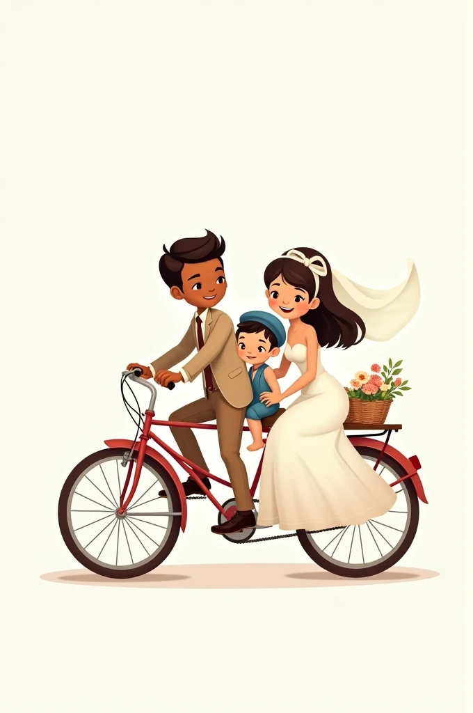 Imagine a drawing in cartoon style, with soft colors and simple lines. The newlywed couple is on an old two-seater bicycle. The man is dark-skinned, delgado, with beige suit, He wears a brown tie. The woman, with a white wedding dress and a bow in her hair, She is sitting on the back of the bike, smiling. Among them, in a special seat, there is your little son, with a blue sailor cap and a cheerful expression. The white background.