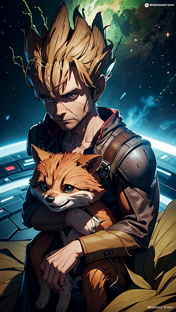 Elon musk in costume of the guardians of the galaxy flying with the character Rocket Raccon to the moon through the galaxy