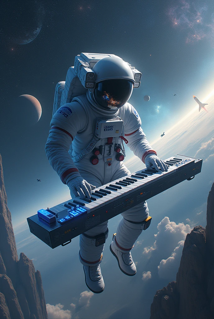 Astronaut, musician, musical keyboard, Planets, rockets, space, planetary views, Playing music on the planet