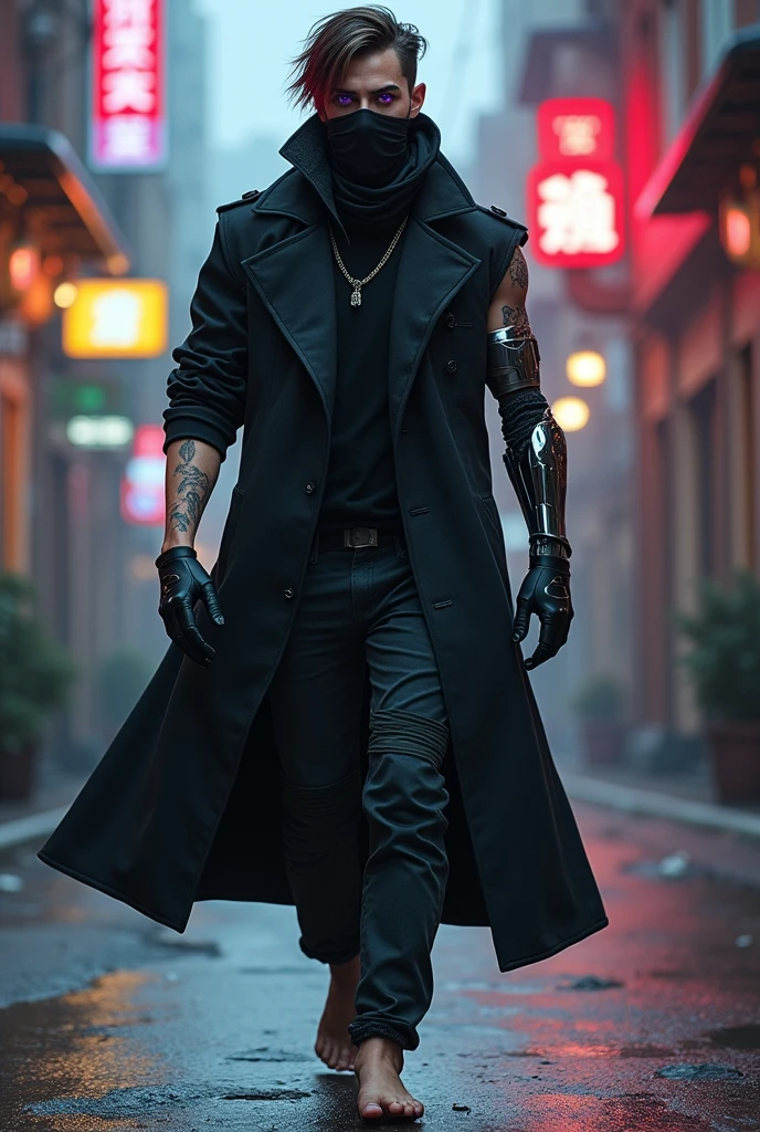 Create a hacker man with this look:
- Wears a black overcoat with the right sleeve cut off
- Wears a long glove on his left hand
- Has asymmetrical hair, one side shorter and the other longer with slight reddish tones
- Has one purple pupil and one red pupil
- Has scars all over his body
- Doesn't wear shoes, walks barefoot
- Has a robotic right arm
- Wears a bandana on his face