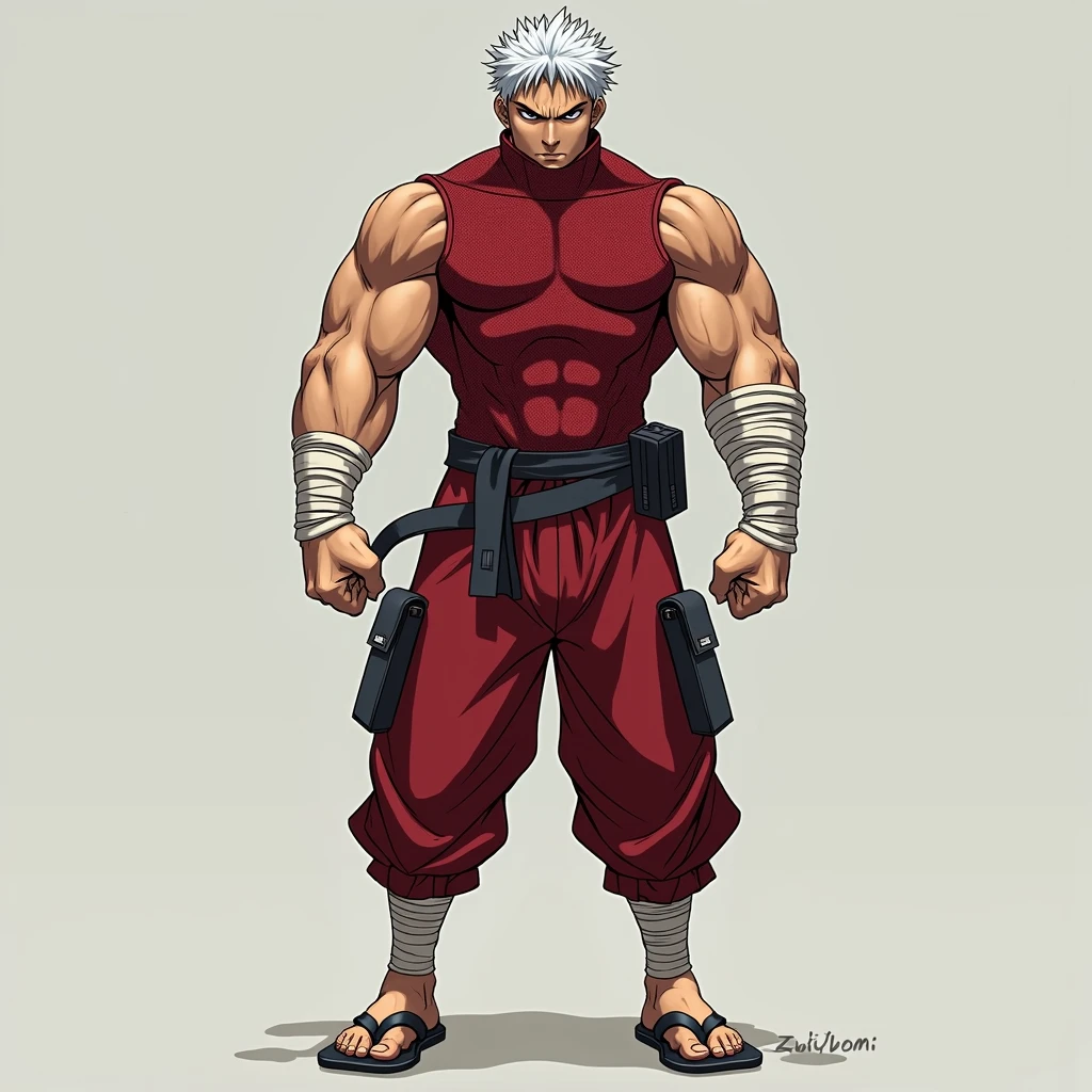 a dynamic illustration of Munashi Kurotani, a young yet physically imposing 15-year-old character standing at 203 cm with a muscular build. He has pure white hair and eyes. Munashi is dressed in a tight-fitting, deep red shirt made from special mesh fabric with a high collar and no sleeves, paired with matching red, slightly loose combat pants. He wears dark-colored ninja sandals. Over his shirt, he dons a rugged combat jacket. His right arm features a bandaged hands, while both legs have hip-pouches with additional bandages wrapped around them. Capture him in a reflective or intense training pose, emphasizing his immense physical strength. The overall mood should convey his formidable presence.