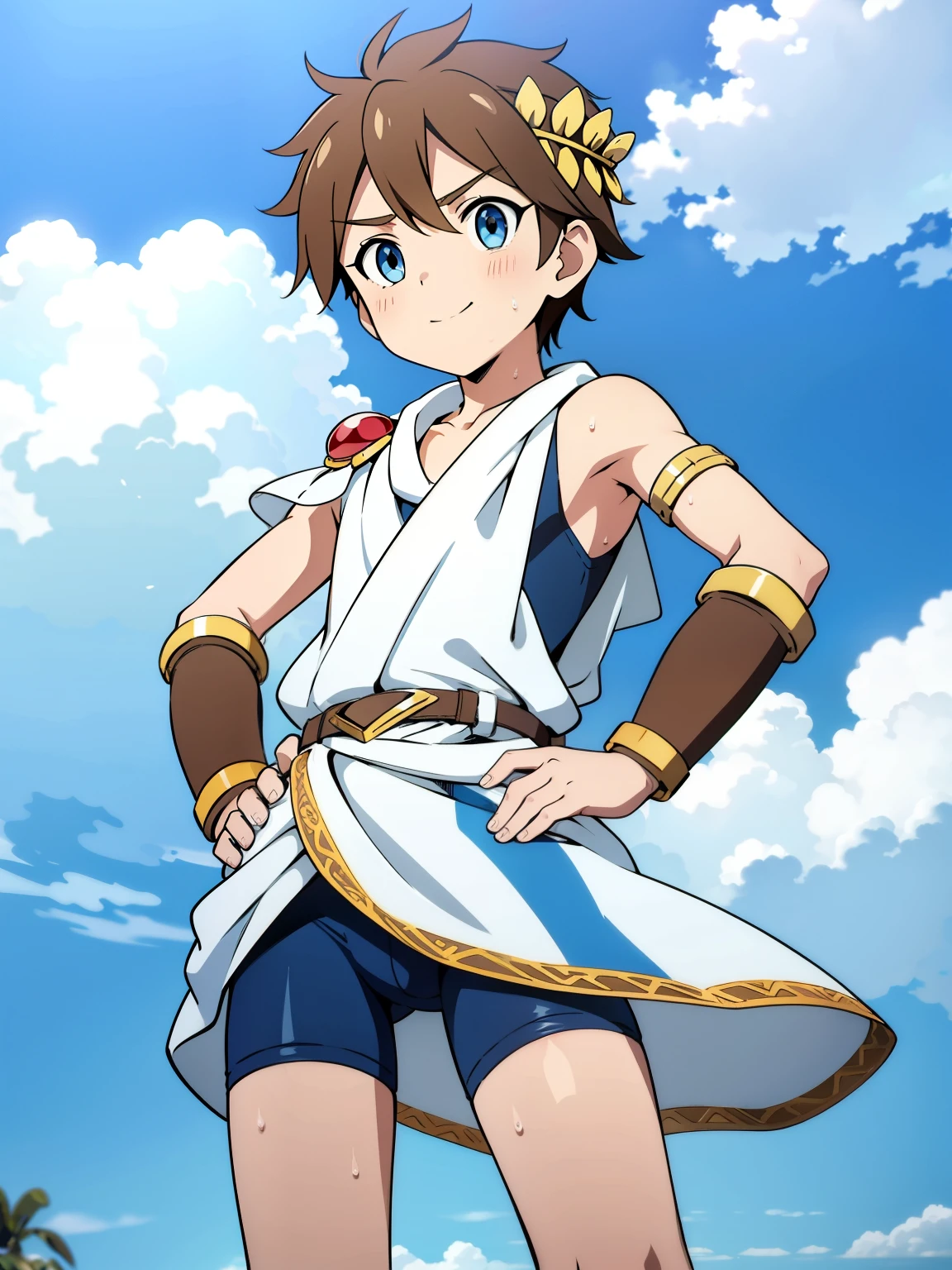 Highres, Masterpiece, Best quality at best,Best Quality,hight quality, hight detailed, Anime style, 1boy, Shota, young boy, kipit, smile, hand on hip, chiton, bike shorts, bracer, blue sky, clouds, Seen from the front, look at viewer,Simple beckground, (very young boy), (very small and short body), s, hansome boy, Uhd, bokeh, sweat