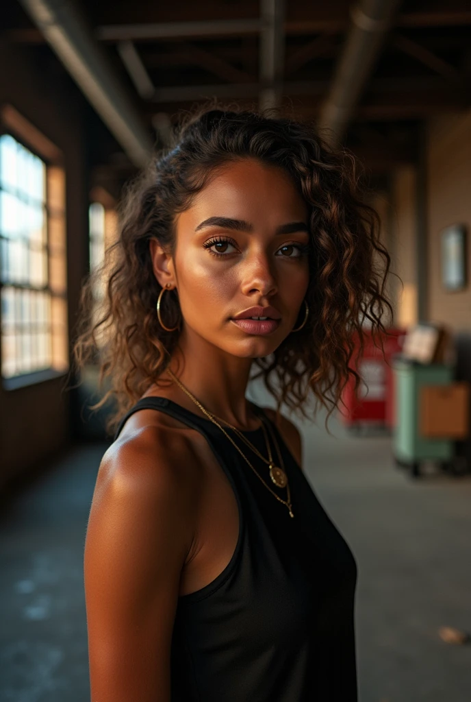 hyper realistic portrait of Yara shahidi, 22 years old, brown hair with blonde highlights and amber eyes. woman, she should have a natural, approachable expression and be lit by soft, dark light, canon eos r5, raw format, night, sitting in a detailed warehouse with a panoramic view of New York, rebel leader, wearing Tom Ford