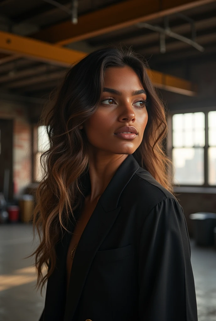 hyper realistic portrait of Yara shahidi, 22 years old, brown hair with blonde highlights and amber eyes. woman, she should have a natural, approachable expression and be lit by soft, dark light, canon eos r5, raw format, night, sitting in a detailed warehouse with a panoramic view of New York, rebel leader, wearing Tom Ford