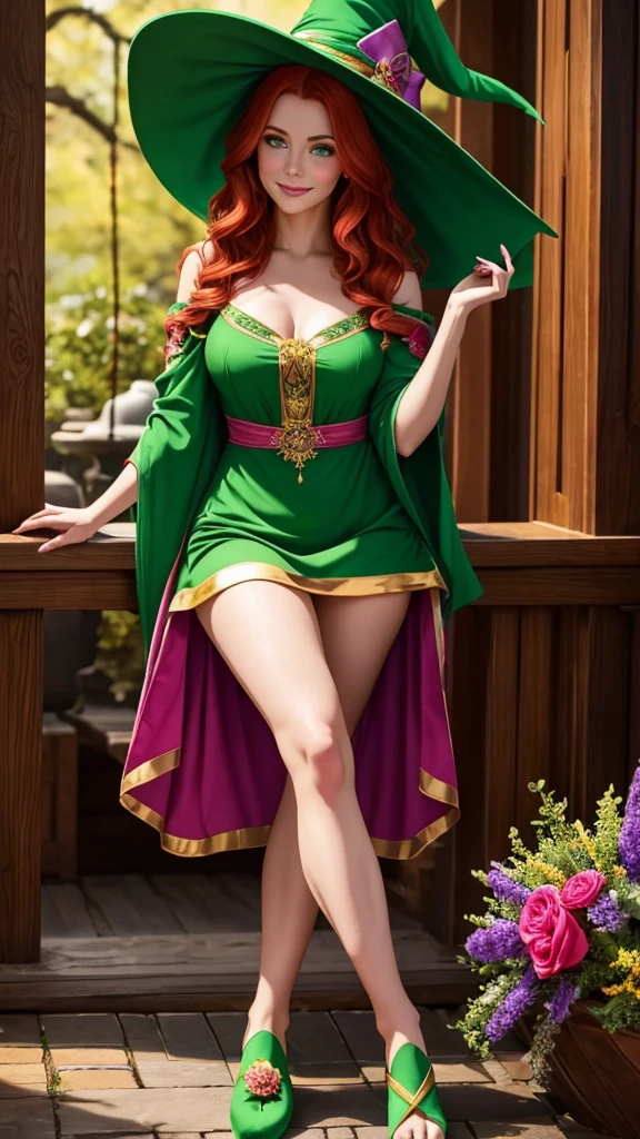 hello, would you please generate an image of an elven woman she's pale with incredibly long wavy auburn red hair, her face is round with slightly blushing cheeks, she has joyful vibrant green eyes, a pleasant smile, she's wearing a long green dress with a matching oversized witch hat with a very large rim with flowers tucked into a pink ribbon that goes around the base of the cone of the witch hat, she's wearing jade colored slippers with gold trim on her feet, bright vivid colors beautiful