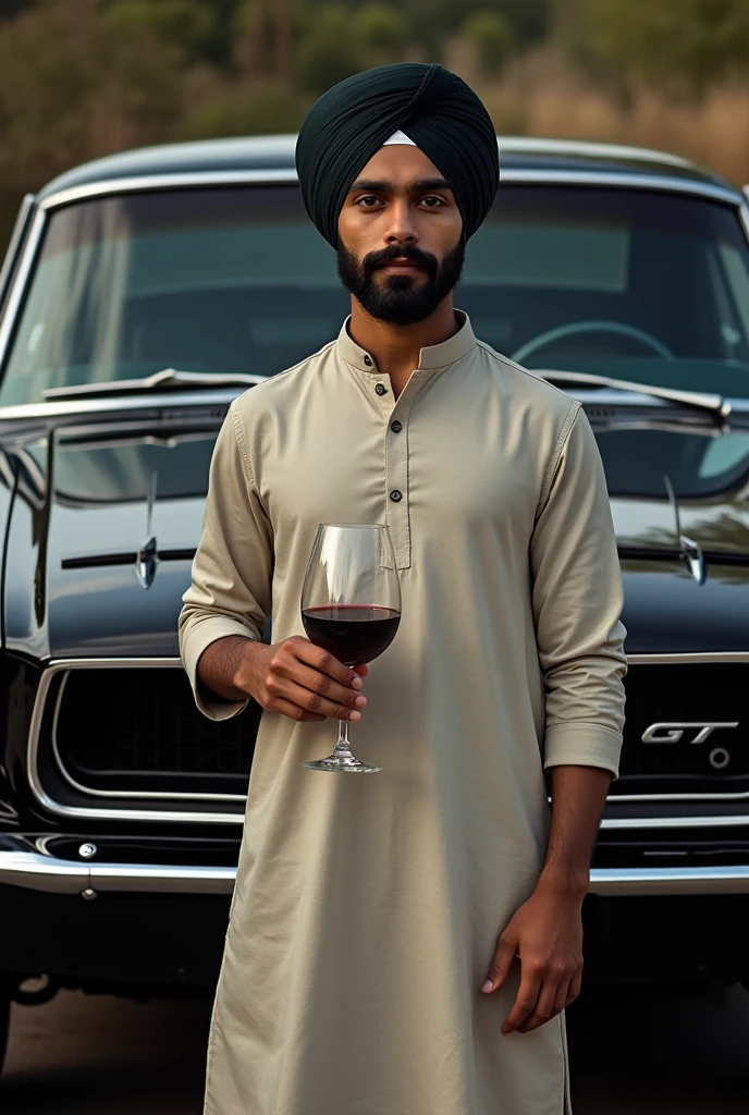 A  sikh boy with a wine glass standing in front of a mustang gt car
