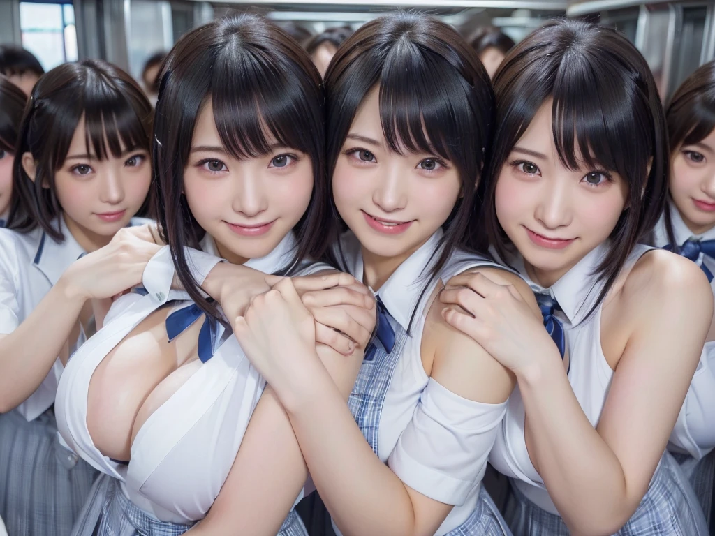 (((clone girls raw photo art))), (((Highest quality, Ultra-high resolution, Realistic, RAW Photos, 8k))), (((Real photograph: 1.5))), (((日本人high school girl, ))) , ((Beautiful Face, cute)), (((smile: 1.85))), ((Beautiful skin of Japanese girls)), (((Black Hair, Semi-long hair))), (((Summer Girls' School Uniform))), (((White shirt, Blue check mini skirt))), (((Big Breasts, H-cup: 1.7))), Super Real, Soft Light, ((((((((Extremely detailed depiction, 一人のhigh school girl, clone girls)))))))), (((((6+girls: 1.99))))), (((((high school girl, Very detailed, perfect identical faces, Perfect identical height, Perfect matching outfit, Perfect matching hairstyle, Perfect same H-cup: 1.99))))), (((数百人のhigh school girl: 1.8))), (((high school girlのみ))), ((((数万人のhigh school girlに囲まれる)))), ((数千万人のhigh school girl)), ((数百億人のhigh school girlに取り囲まれる)), (((((crowded train, Extremely crowded))))), (((((super wide view))))), Embrace each other, hug, kiss, Lesbian, Chest to Chest, Touching the chest