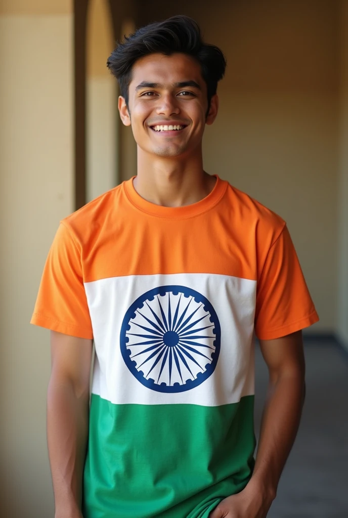 I 18+ The boy who is wearing a T-shirt and has the Indian flag on his T-shirt and the boy&#39;s name is good and his name is written on his T-shirt 