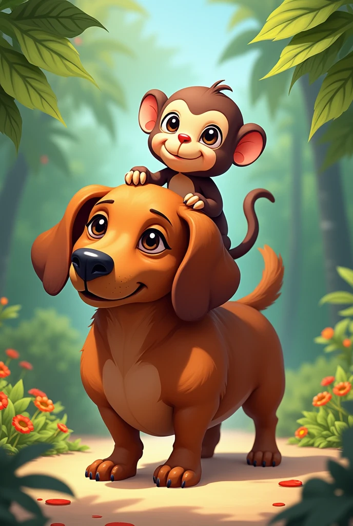Fat dachshund bachicha with a monkey on top of it