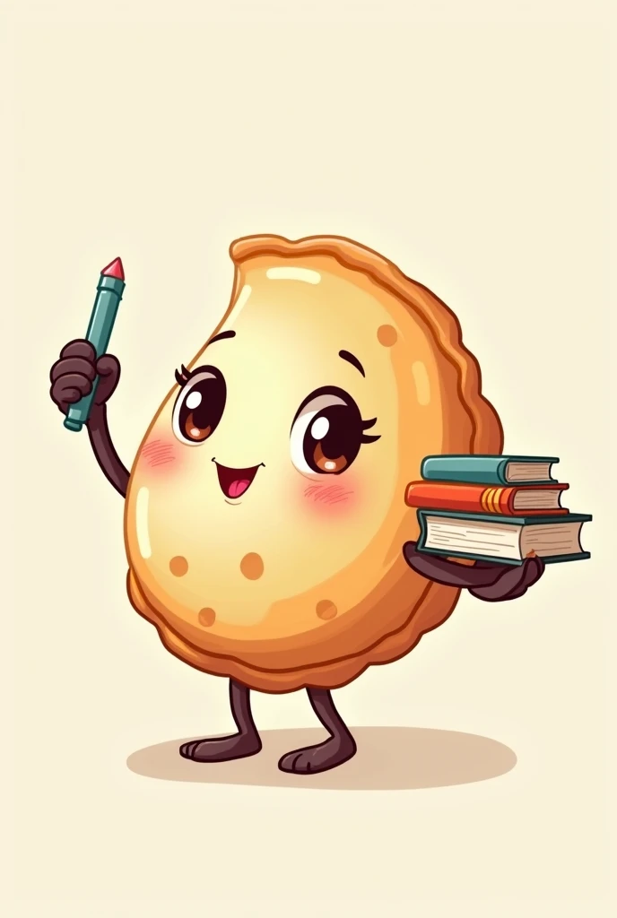 Cartoon of an empanada with the traditional crescent shape, featuring feminine characteristics, holding a piece of chalk in one hand and books in the other.