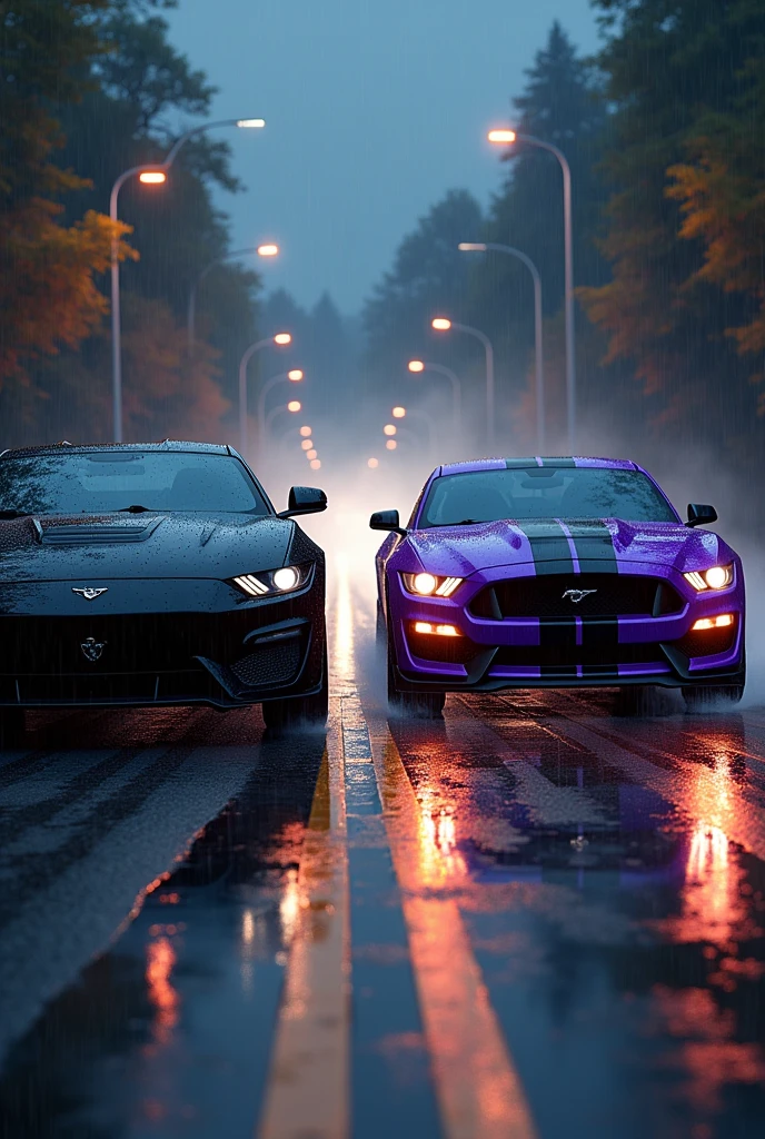 A black Lamborghini and a purple Mustang Shelby gt 500 racing on a road with rainy weather at night