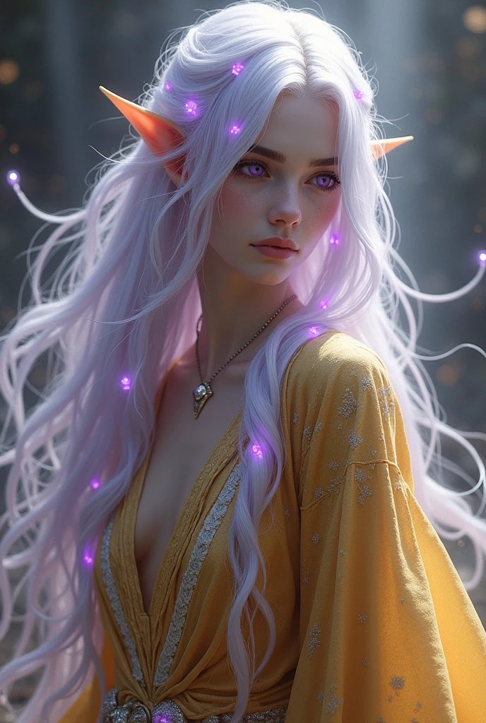 Make an RPG character who has long white hair with purple highlights that seem to glow in the light. Your eyes are lilac. your skin is pale, and she wears a golden robe