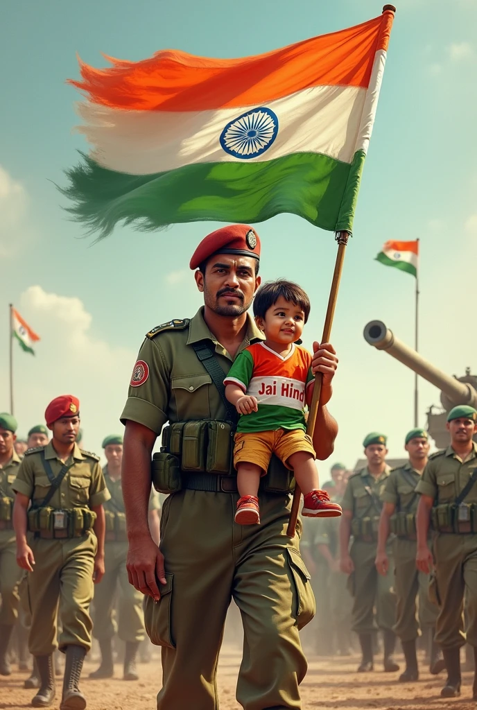 There is an Indian soldier. He has the Indian flag in his hand. There is a gun hanging on his shoulder. There is a smiling in his lap. That child is we a tricolor jersey with Jai Hind written on it. There are 15-20 more soldiers in the background. Army Tank also in background. The Indian map is faintly visible in the background.