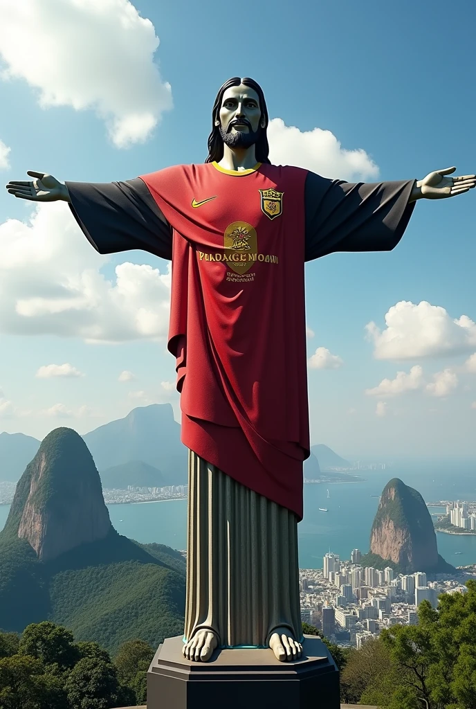 Christ the Redeemer wearing a Flamengo shirt, a Brazilian team, with the team's logo.