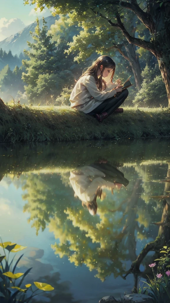 ((Best quality)), ((masterpiece)), (detailed), ((perfect face)), ((halfbody)) handsome young artist girl, engaging in various activities within her cozy home nestled in a serene forest. Capture moments of her daily life, such as painting, reading, playing a musical instrument, or enjoying a cup of tea, as he explores her creativity and self-discovery, all while surrounded by the warmth and comfort of his sanctuary