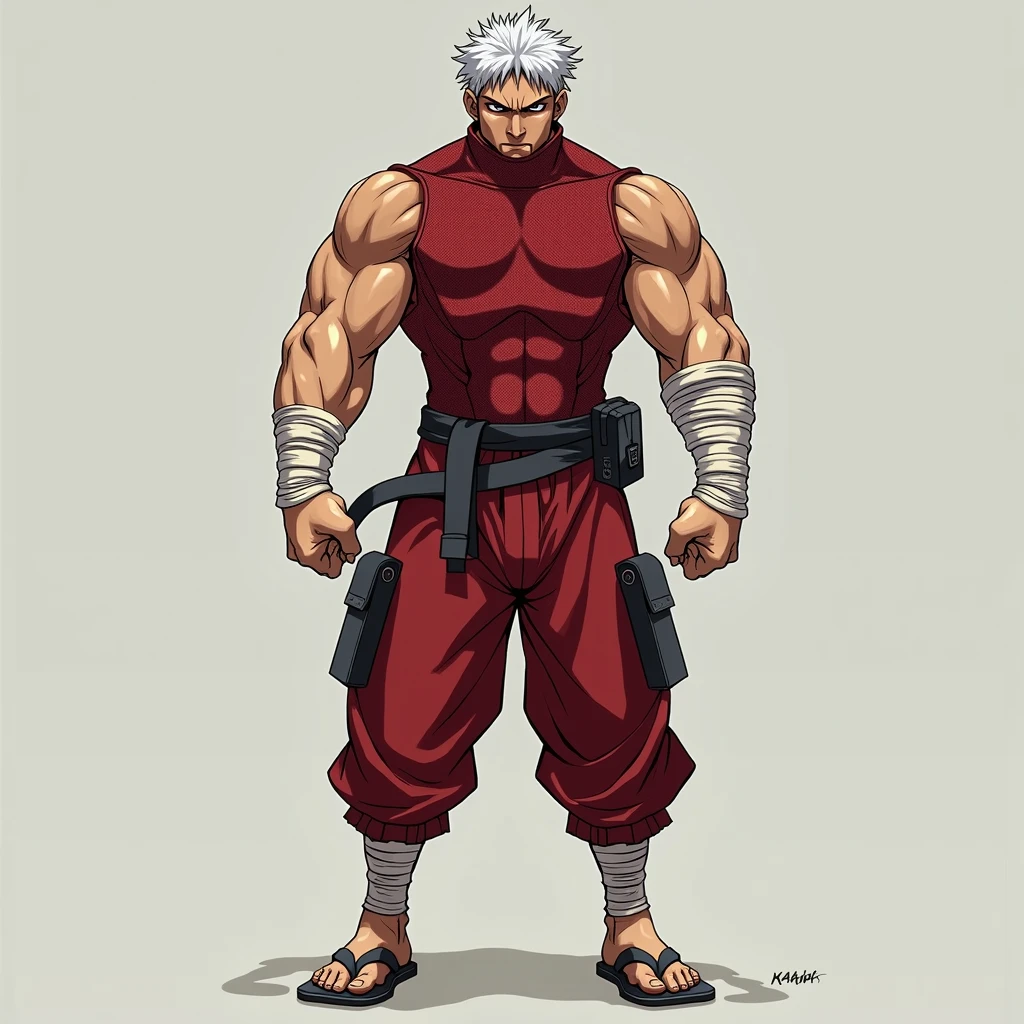 a dynamic illustration of Munashi Kurotani, a young yet physically imposing 15-year-old character standing at 203 cm with a muscular build. He has pure white hair and eyes. Munashi is dressed in a tight-fitting, deep red shirt made from special mesh fabric with a high collar and no sleeves, paired with matching red, slightly loose combat pants. He wears dark-colored ninja sandals. Over his shirt, he dons a rugged combat jacket. His right arm features a bandaged hands, while both legs have hip-pouches with additional bandages wrapped around them. Capture him in a reflective or intense training pose, emphasizing his immense physical strength. The overall mood should convey his formidable presence.