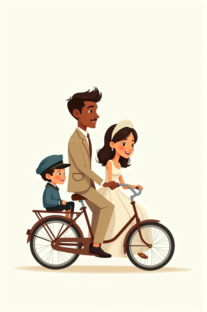 Imagine a drawing in cartoon style, with soft colors and simple lines. The newlywed couple is on an old two-seater bicycle. The man is dark-skinned, delgado, with beige suit, He wears a brown tie. The woman, with a white wedding dress and a bow in her hair, She is sitting on the back of the bike, smiling. Among them, in a special seat, there is your little son, with a blue sailor cap and a cheerful expression. The white background.