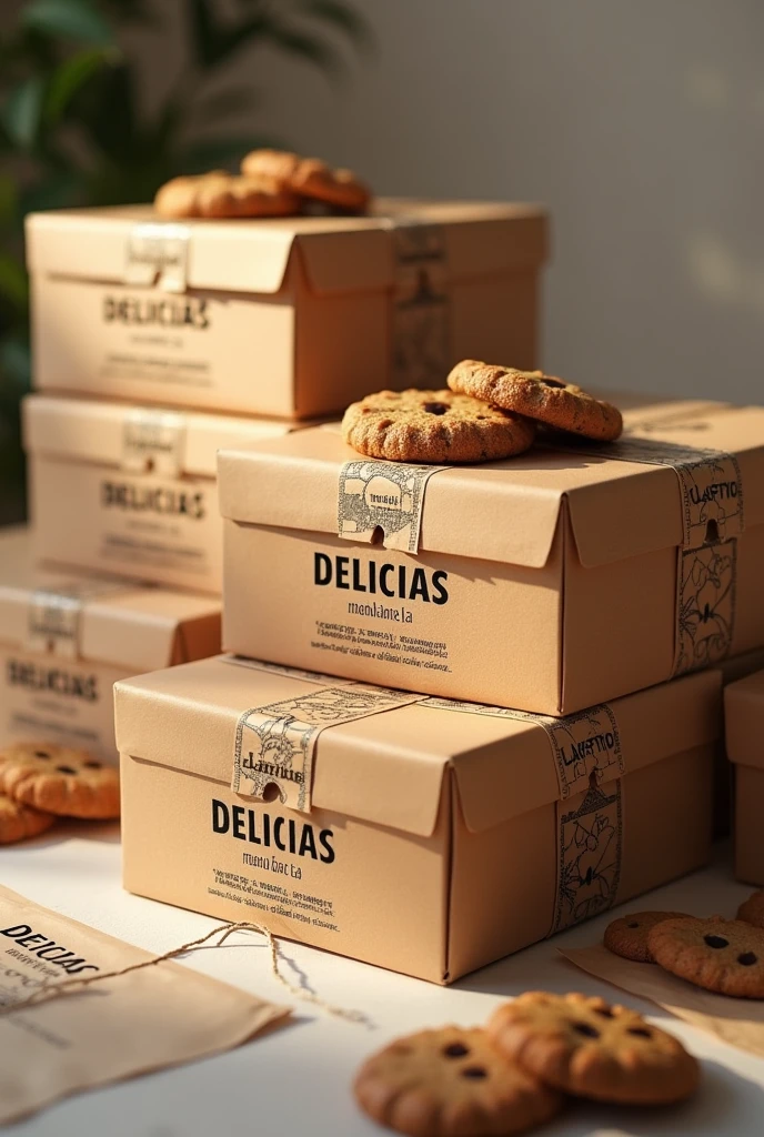 (photorealism:1.2), Show boxes with good packaging and packing WITH TAPE AROUND THE BOXES FOR TRANSPORT and with instructions on how to handle the box. But these boxes should have the company name "DELICIAS GOURMET SA" that makes whole grain cookies with nuts