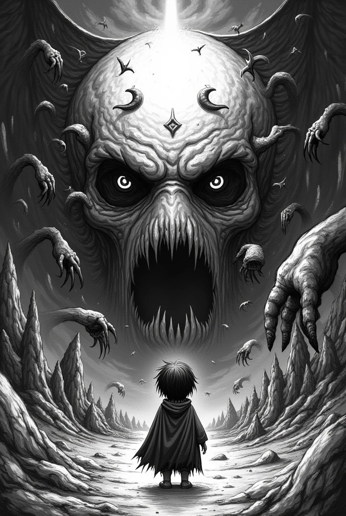 in the art style of berzerk, black and weight very detailed drawing like in manga horror, with darksouls/lovecraft imagery elements,  but its the binding of issac reimagined in this world and the horrors that issac indures.Mythological creatures, Por Zdzislaw Beksinski e Van Gogh, Album cover art, roma, Surrealism, futurist ,satan, coral, magician, abstrait, tenebrosa, rot, hellcore, paisaje, Nightmares, fear, Cruelty, ANGUISH, calamity, eyeshadows, monsters,
