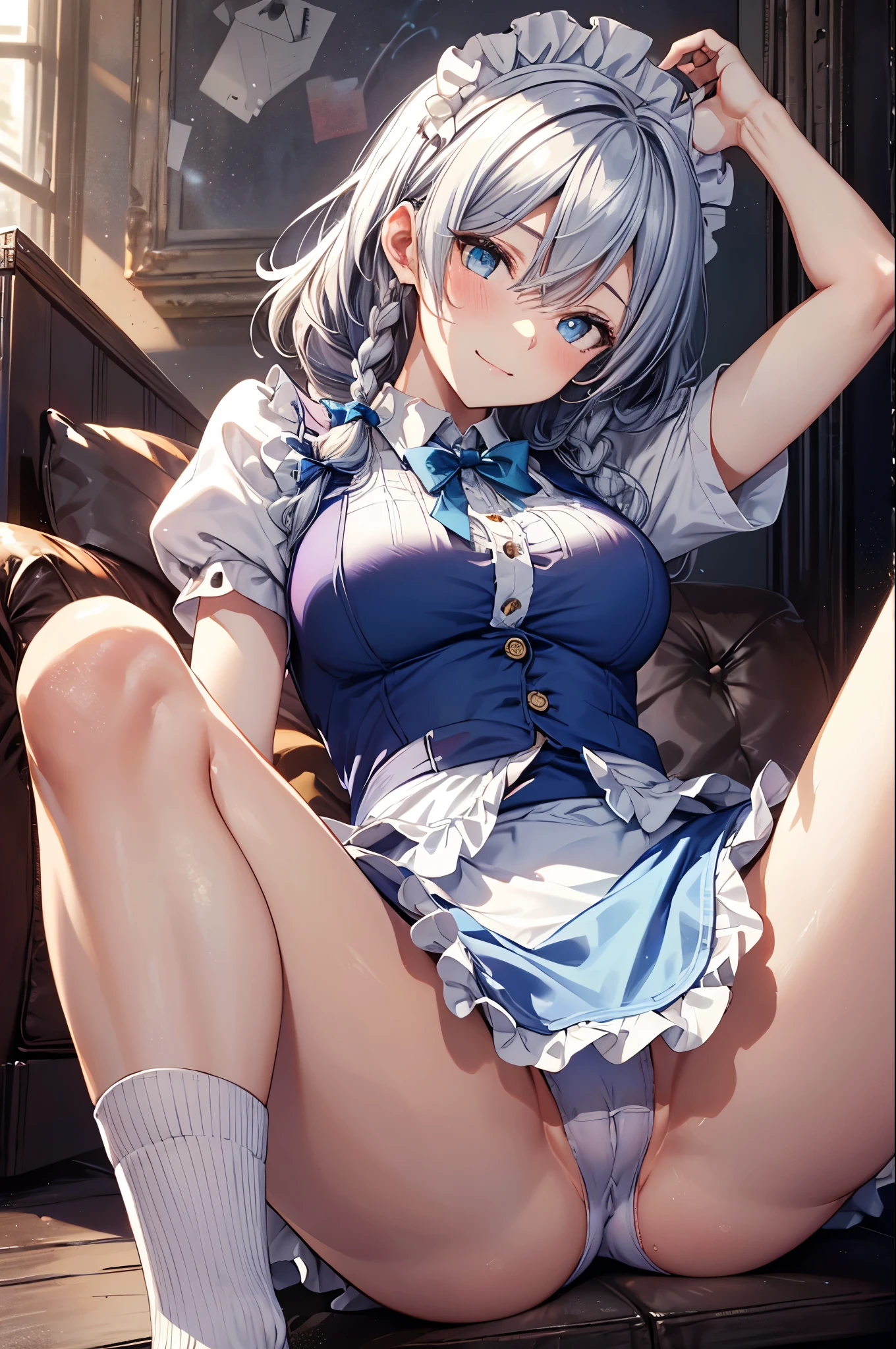 1girl,light smile, solo, touhou, izayoi sakuya,twin braids,medium breasts, maid,((white shirt, puffy short sleeves)), frills,Sommelier Apron, maid headdress,((blue vest,blue skirt)), green bowtie,(upper body:1.3), embarrassed ,blush,(spread legs:1.3),(legs up),(cameltoe:1.3),masterpiece,Noise Reduction,perfect anatomy,high resolution, ultra-detailed, ultra-detailed face,game cg,dutch angle ,beautiful detailed eyes,visualart,five fingers, perfect hands, perfect lighting, sparkling pupils,