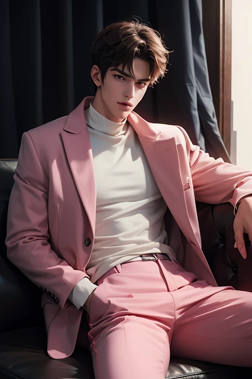 25 years old man anime, pink coat, high neck t shirt, sitting on couch, back ground dark theme, tall and handsome