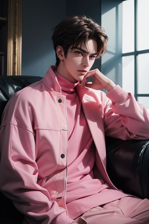 25 years old man anime, pink coat, high neck t shirt, sitting on couch, back ground dark theme, tall and handsome