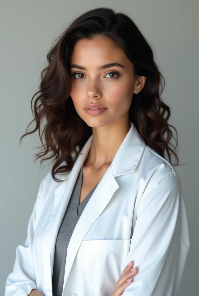 30 year old woman,fair brown-skinned, curly hair ,up to the shoulder,dark brown eyes,Oval face ,wearing a white doctor's coat 