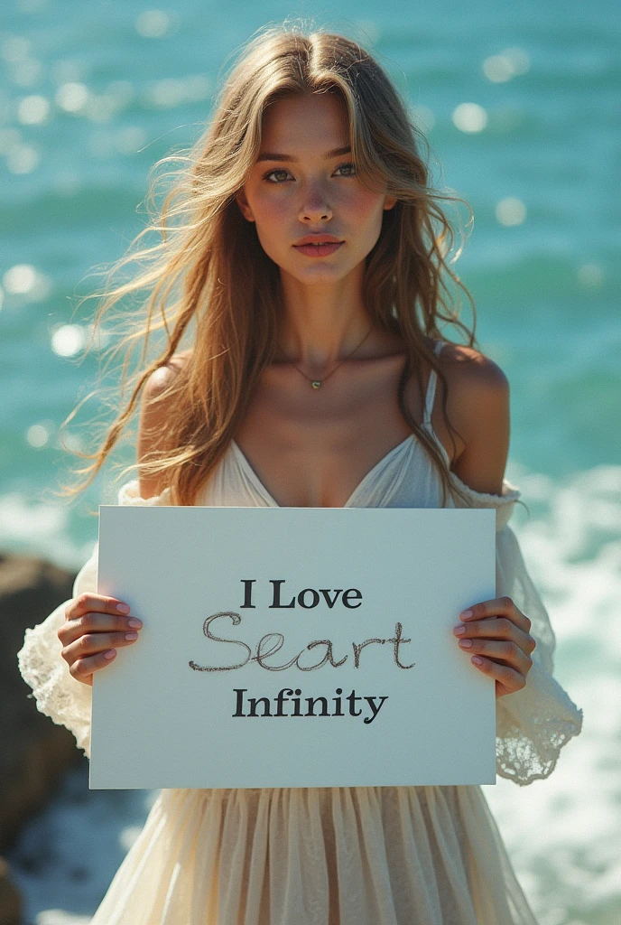 Beautiful girl with wavy long hair, bohemian dress, holding a white board with text "I Love Seaart Infinity" and showing it to the viewer