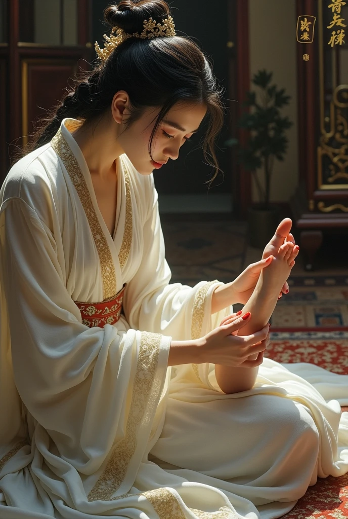 An ancient Chinese beauty is being tickled on the soles of her feet by her husband.
