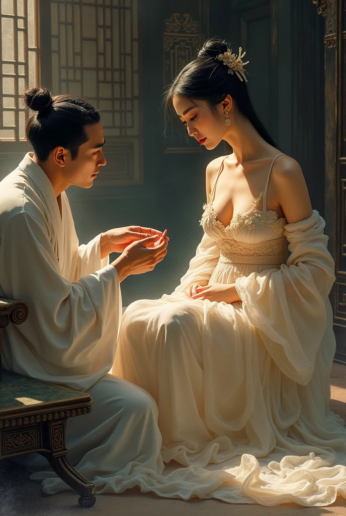 An ancient Chinese beauty is being tickled on the soles of her feet by her husband.