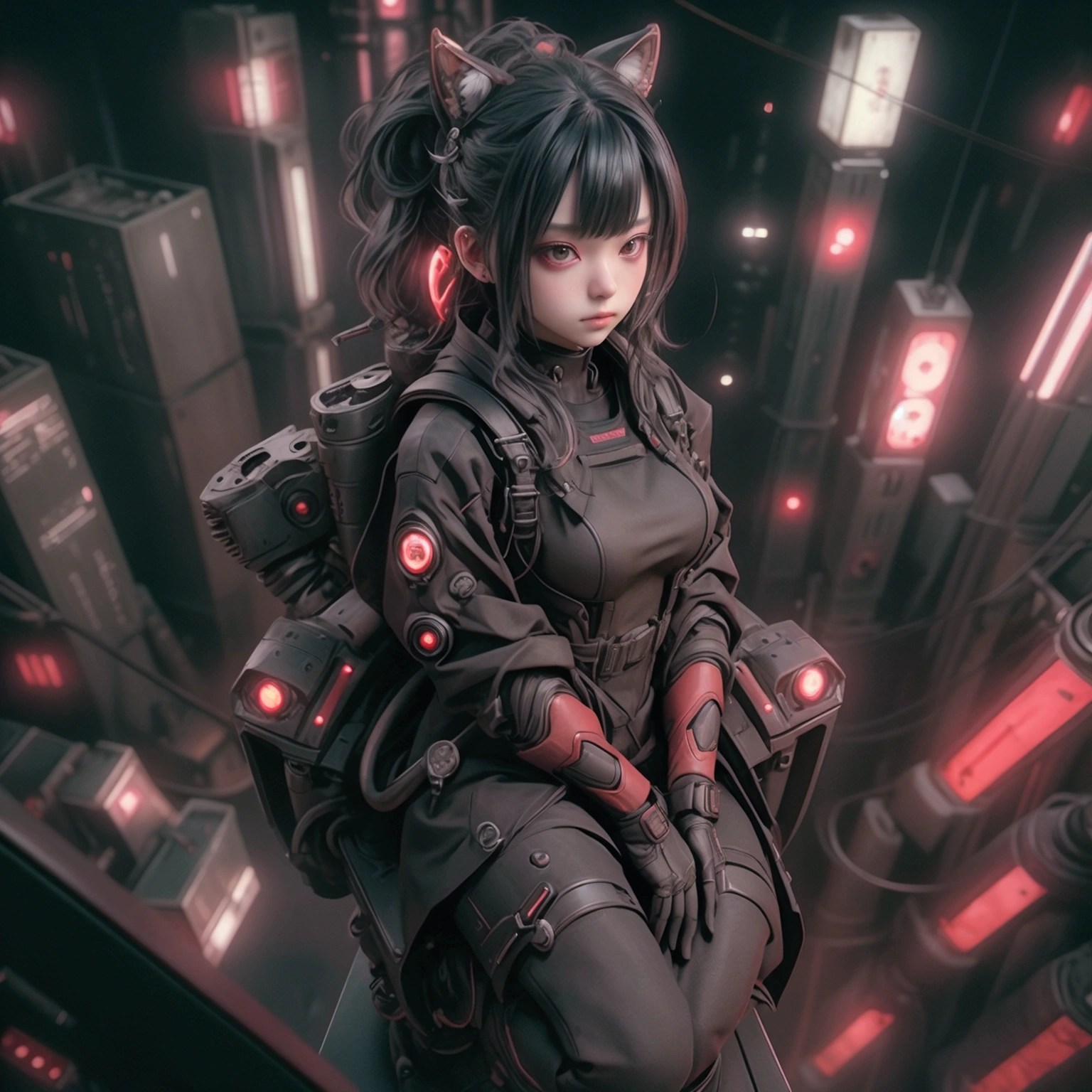 whole body、Very high angle、whole body、beautiful sitting、Looking up pose、Sulky face、Half Machine Body、Neck of the machine、Left arm of the machine、The machine's left leg、Background overlooking the city、Dark City、Red Neon、Image in black and red shades、Contrast、Black clothes、Futuristic Suit、Large size raincoat、Platform boots、Realistic texture、Hair blowing in the wind、Backlight、