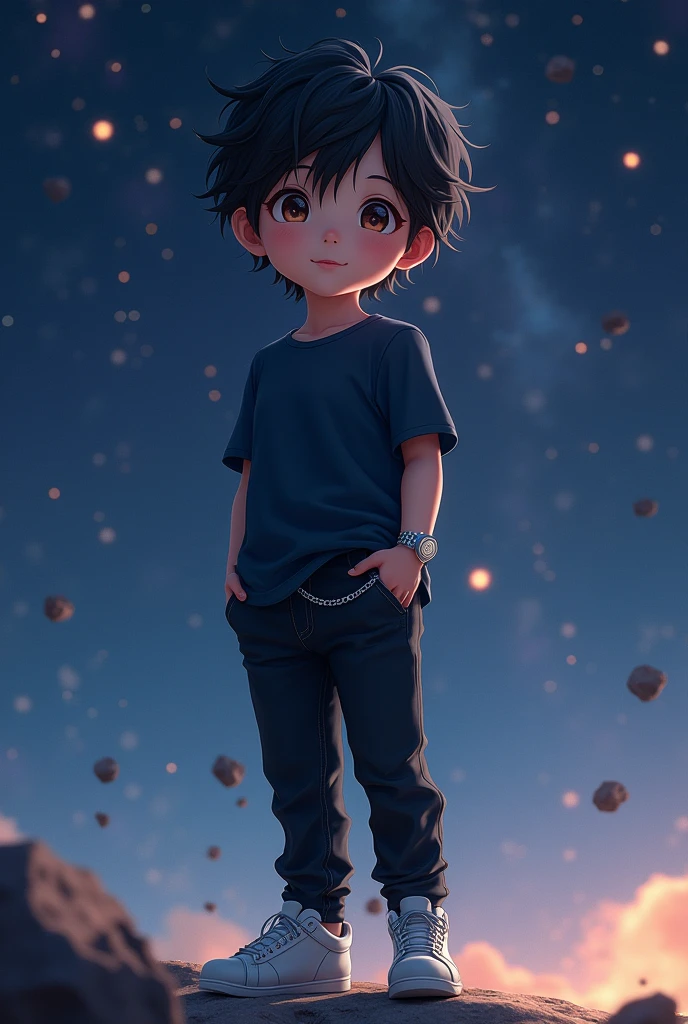 I want a 10-year-old child with black hair. in space wearing black jeans. wearing a dark blue shirt. White sneakers. with your hand in your pocket. with a silver chain. with anime brown eyes