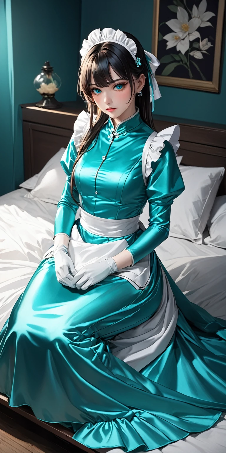 Portraiture、(masterpiece,Highest quality,Ultra-high resolution),Japanese women, (((A very beautiful 25 year old)))、(She is wearing a long-sleeved maid outfit made of shiny turquoise satin..)、The dress has a simple design without any patterns.....、(((Long skirt made of turquoise satin.)))、Turquoise satin gloves、((Turquoise satin bodysuit))、Sitting on a bed in a dark room