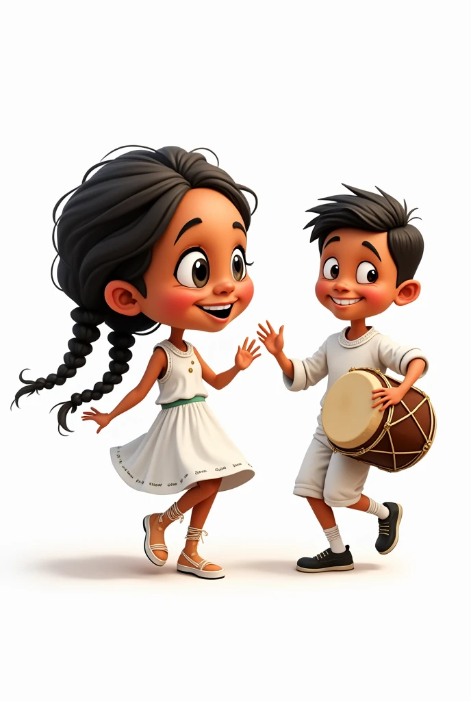 Caricature of a girl with braids wearing a white dress and a boy playing a drum dressed in white from the Yungas region of Bolivia dancing Afro-Bolivian saya without background