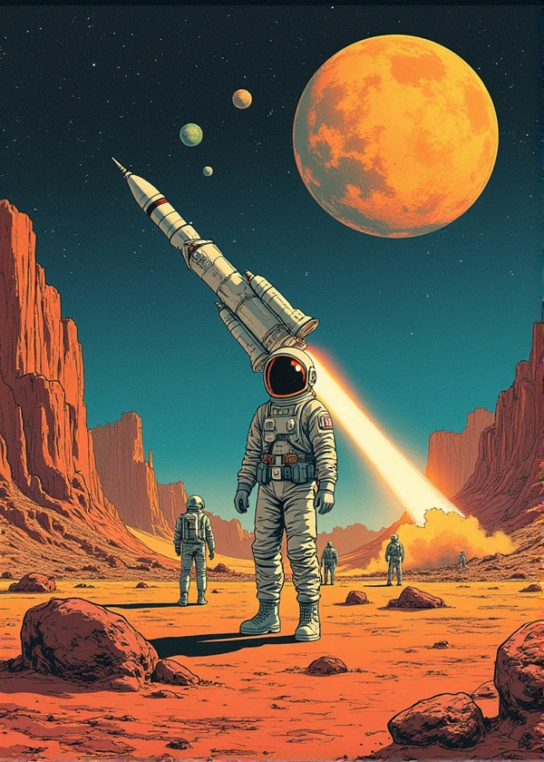 Create a comic book cover for the Apollo 7 mission using 1970s magazines as inspiration.